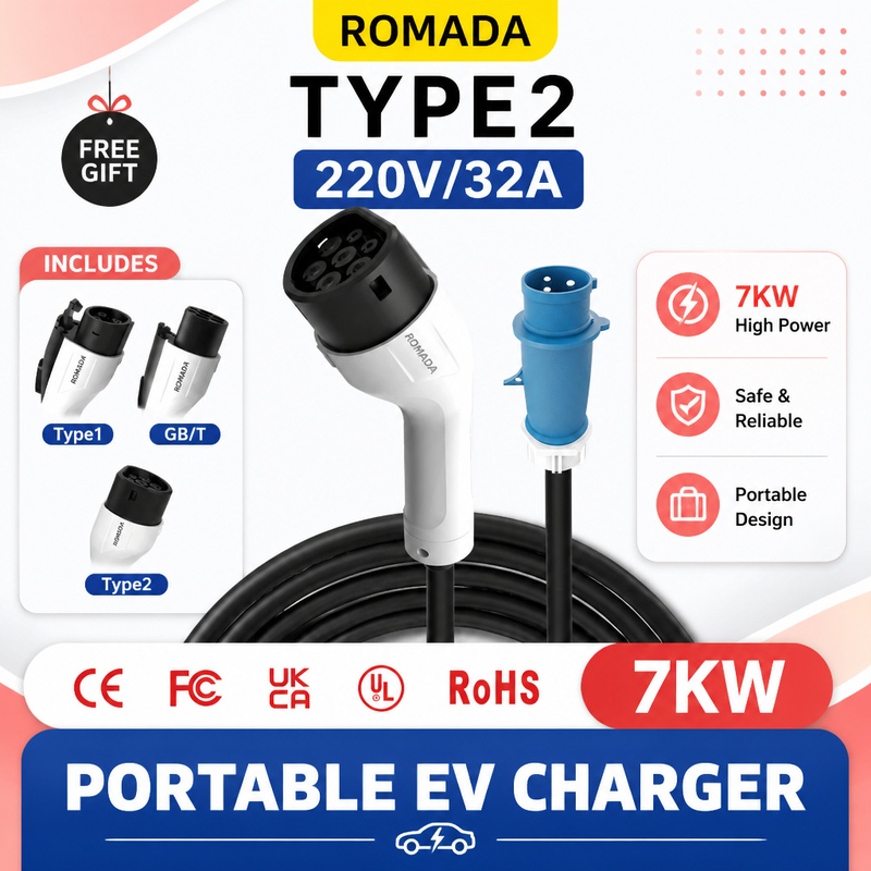 Portable Ev Charger 32A Type 2 Cee Plug - Carregador Portátil para Veículos Elétricos ROMADA